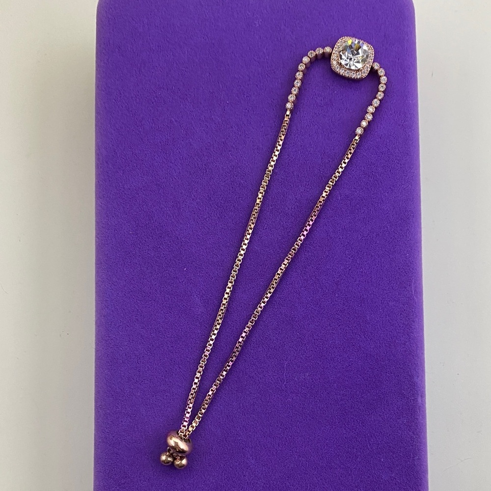 💛 14k Rose Gold Genuine Crystal Tennis Bolo Bracelet | Dainty Luxe Sparkle - Picture 7 of 8